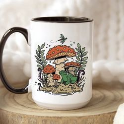 mushroom coffee mug, frog coffee mug, mushroom lover gift, frog lover gift, cottagecore mushroom mug, funny novelty mug,