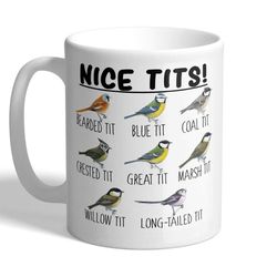 nice tits coffee mug, bird lovers gift, bird watchers, fowl language, great tits, tit birds, blue tit, boob mug, funny b