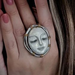 Jewelry wire ring, wire wrapping cocktail big  ring, polymer clay face. Women ring