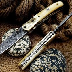 beautiful handmade damascus steel folding knife handle made of camel bone (golden engraving)