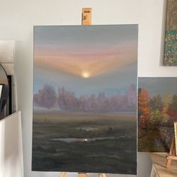 Original Sunrise Landscape Painting, Large Oil On Canvas, Mist Oil Painting, Moody Wall Decor, Foggy Art