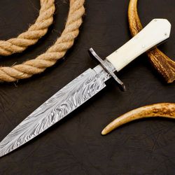 handmade feather pattern damascus steel hunting knife bone handle with sheath