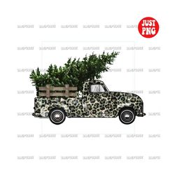 old truck christmas tree leopard design, truck christmas png, old truck christmas with tree sublimation, clipart, instan