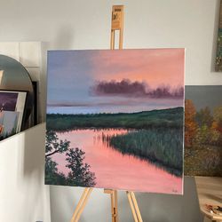 Original Pink Sunrise Painting, Oil Painting On Canvas, Pink Artwork, Large Landscape Painting, Marsh Art