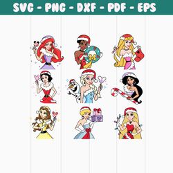 princess christmas svg disneyprincess png bundle set 9 cliparts princesses , ariel tiana aurora snow white elsa belle ,