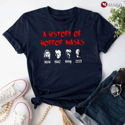 a history of horror masks 1978 michael myers 1980 jason voorhees 1996 ghostface 2021 joe biden t-shirt new 2023