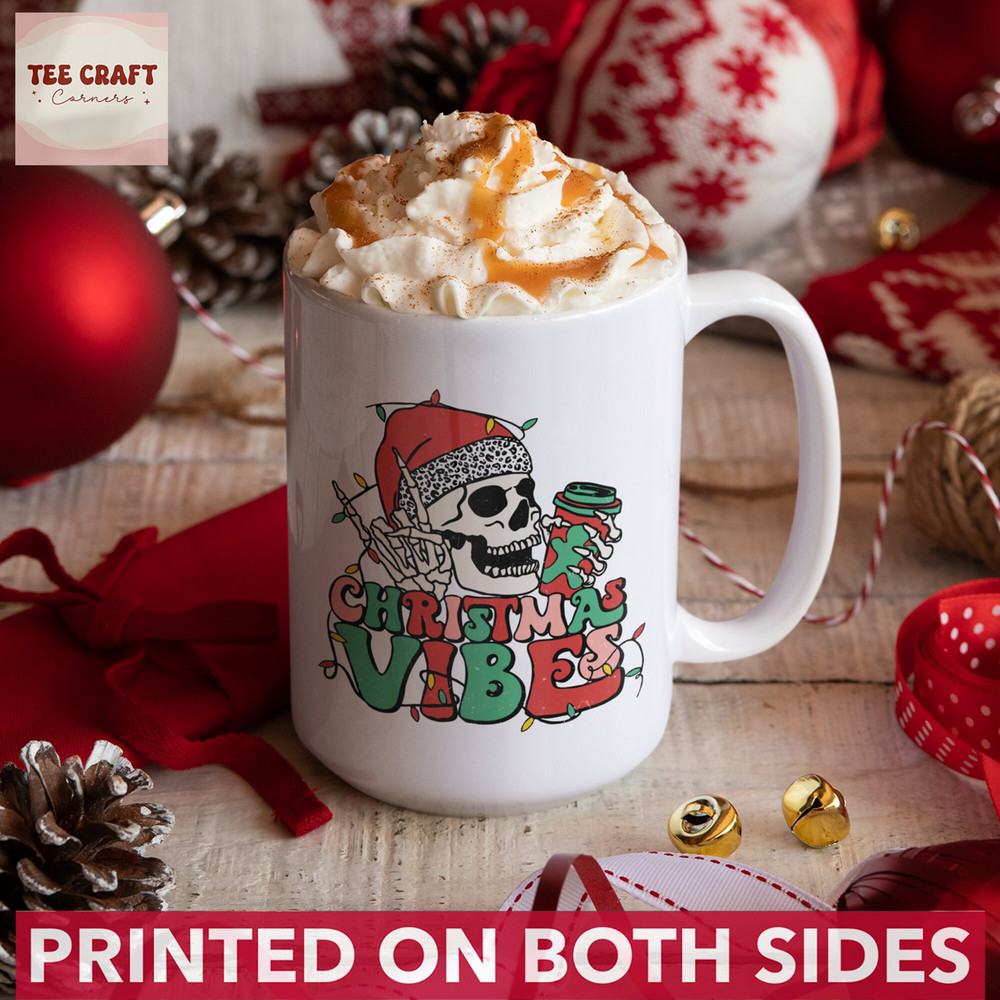 Retro Skeleton Christmas Vibes Mug, Cute Santa Skull Coffee Mug, Christmas Family Mug, Spooky Christmas Secret Gift, Creepy Christmas Mug - 2.jpg