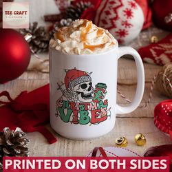 retro skeleton christmas vibes mug, cute santa skull coffee mug, christmas family mug