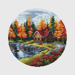 autumn cross stitch pattern - fall forest counted cross stitch chart - nature embroidery design - house pdf pattern