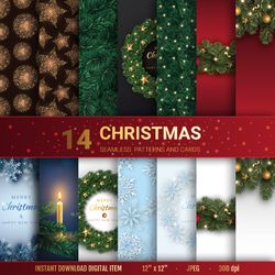 Christmas seamless Patterns and Cards Set, Christmas decorations, Digital Paper, Scrapbook paper, Christmas pictures
