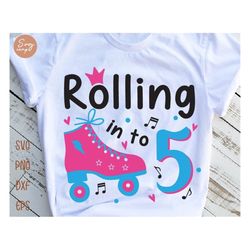 rolling into 5 svg, birthday roller skates svg, 5th birthday svg, roller skating svg, roller girl svg, retro summer kid