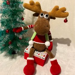 Soft Handcrafted Crochet Toy-Large Christmas Reindeer in New Year Costume-Special Discount!