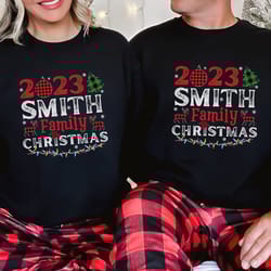 custom family name christmas sweatshirts, personalized family christmas matching hoodies, buffalo plaid christmas sweats