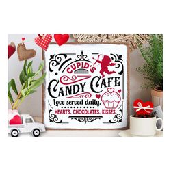 Cupid's Candy Cafe Co SVG, Farmhouse Valentine svg, Cupid's Cafe SVG, Cupid's Round label svg, Chocolates hearts kisses