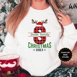 personalized family christmas sweatshirts, custom family name christmas reindeer sweatshirts, buffalo plaid family match