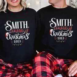 personalized family christmas sweatshirts, custom family name christmas sweatshirts, buffalo plaid family matching sweat