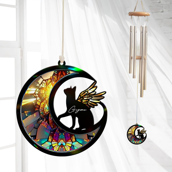 Custom Cat with Wings Suncatcher Wind Chime, Cat Memorial Wind Chime, Pet Loss Sympathy Gift, Loss of Cat Remembrance Gift, Cat on Moon - 2.jpg