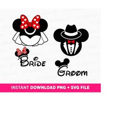 Mouse Bride and Groom Svg, Mouse Wedding Svg, Happy Wedding Svg, Mouse Ears and Bow, Matching Mouse Couple Svg, Png Svg