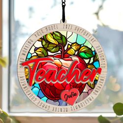 personalized teacher suncatcher, custom teacher ornament, apple ornament, gift for teacher, teacher