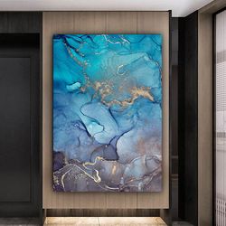 abstract canvas wall art with blue marble pattern , scandinavian style canvas print , abstract canvas painting , plain h