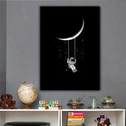 astronaut swinging on the moon canvas wall art , half moon canvas painting , astronaut canvas print ,ready to hang canva