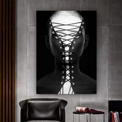 black and white woman canvas painting , women canvas wall art with rope , women's canvas print , ethnic canvas , ready t