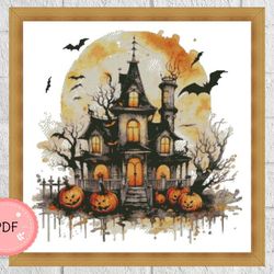 Halloween Cross Stitch Pattern,Haunted House With Pumpkings,Pdf, Instant Download,Spooky X Stitch Chart,Trick Or Treat