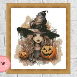 Cross Stitch Pattern,Halloween Witch And PumpkinsPdf Format,Instant Download ,Spooky X Stitch Chart , Scary Pumpkins