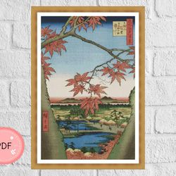 Cross Stitch Pattern ,Red Maple at Mama,Utagawa Hiroshige ,Pdf Instant Download,Mount Fuji,Japanese Art,Japan