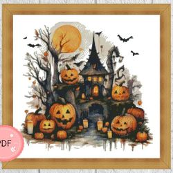 Cross Stitch Pattern,Haunted House With Pumpkings 2,Halloween,Watercolor,Pdf, Instant Download,X Stitch Chart