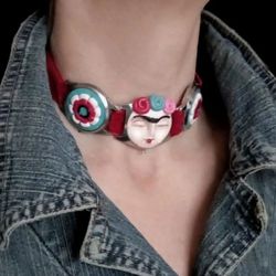 Necklace-choker Frida on a velvet ribbon, Metal choker, Polymer clay face. Unique necklace
