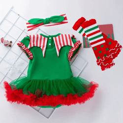 3pcs Baby Girls Christmas Party Dress Up! Stylish Cute Short Sleeve Clown Onesie Dress Socks Set Handmade Gift Present