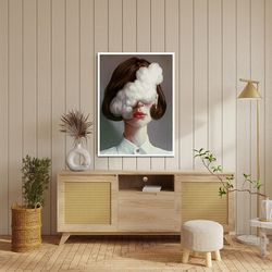 cloud headed woman canvas painting, short haired woman canvas wall decoration, short haired woman room decor, woman port