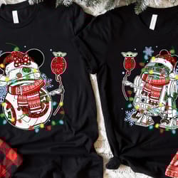 cute santa r2-d2 bb-8 couples christmas t-shirt, funny disney star wars couples xmas light tee, disneyland family holida