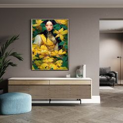 asian woman canvas print, floral woman wall decor, woman in yellow dress canvas wall art, thoughtful asian woman canvas
