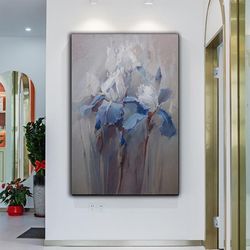 blue soft flowers canvas wall art , abstract flowers canvas painting , abstract flower canvas print , ready to hang canv