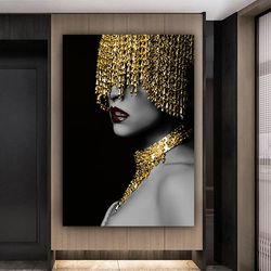 gold glitter ,african woman canvas wall art ,chain head african woman, african woman canvas painting , african woman can