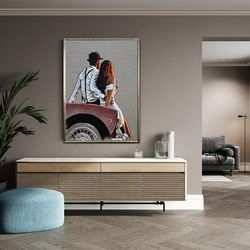 love canvas painting, woman man wall decor, car canvas art, woman in white dress, wedding wall decor