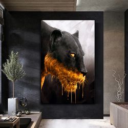 black panther canvas print , panther canvas painting , panther wall art , gold panther wall decor , ready to hang canvas