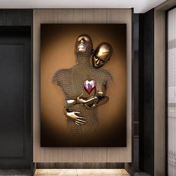 bronze love couples with red heart canvas print , hugging couple canvas painting , chain and fig look canvas wall art, m