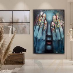 hand painted blue woman canvas wall art , hand on face canvas painting , graffiti hand canvas print, ready to hang canva