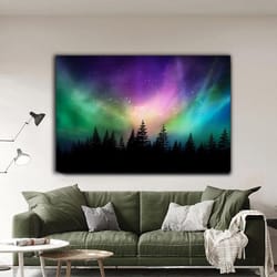 northern lights canvas wall art , forest canvas painting , landscape canvas print, modern home decor ,canvas ready to ha