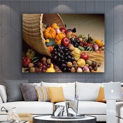 fruit and vegetable basket canvas print art,grapes in basket canvas wall decor,pumpkin in basket ready to hang on wall c