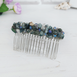 Green Jasper comb, Boho Gemstone hair accessories, Green crystal hair comb for wedding, Beaded hair clip, Jeweled comb