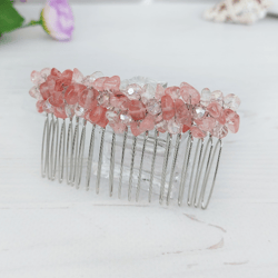 Cherry Quartz gemstone hair clip, Pink crystals hair comb, Boho wedding beaded comb, Pink stone hair accessories women
