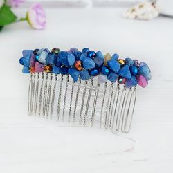 Colorful turquoise blue crystals hair comb, Blue gemstone hair clip, Beaded bridal hair comb, Boho wedding stone comb