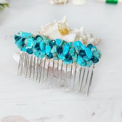 Turquoise crystals hair comb, Teal wedding hair accessories, December Birthstone jewelry, Bead jeweled hair clip women