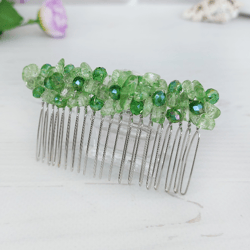 green crystal hair comb, bridal gemstone bead hair clip, green quartz hair accessories, embellished stone headpiece girl