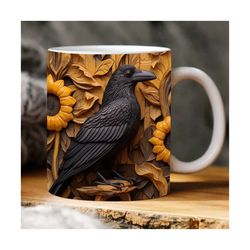 3d crow suflowers mug sublimation design, 3d crow mug png, 11oz 15oz mug sublimation png, wooden mug, 3d mug png