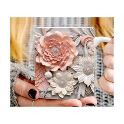 3D Pink Flowers Mug, White Pink Roses Floral Mug, Wedding Mug Design, Floral Mug PNG, 3D Mug, 11oz,15oz Mug Sublimation,